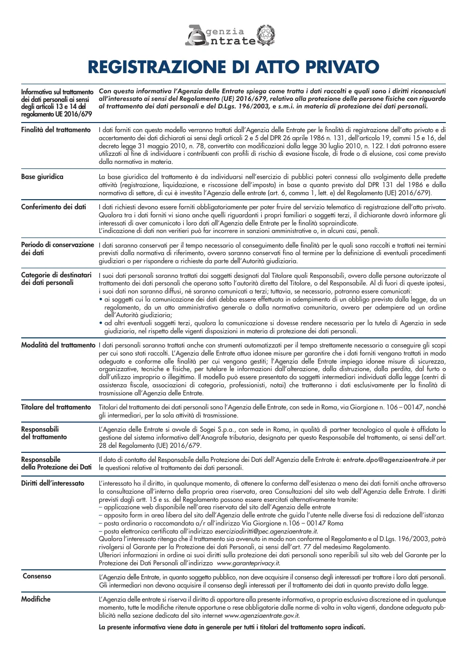 Anteprima del modulo Registrazione del contratto di comodato