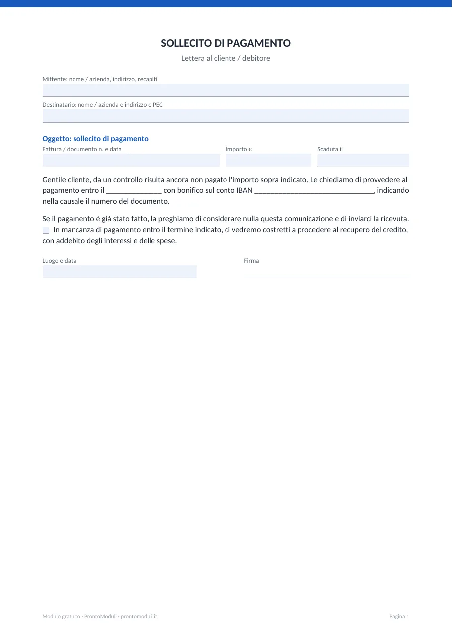Anteprima del modulo Sollecito di pagamento