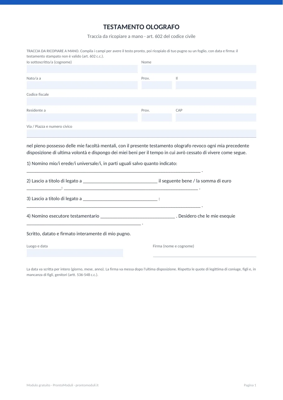 Anteprima del modulo Testamento olografo (fac simile)